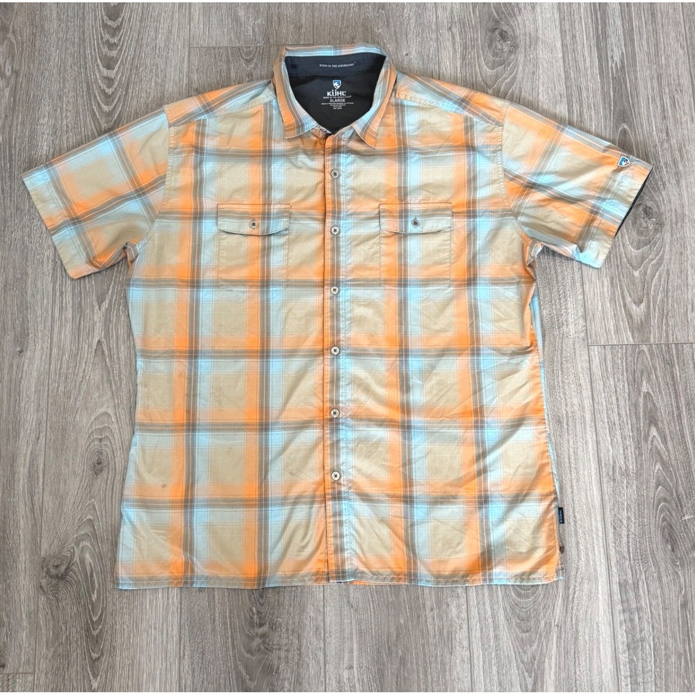 Kuhl Button Down Shirt XL Orange Blue Plaid Hiking Gorpcore